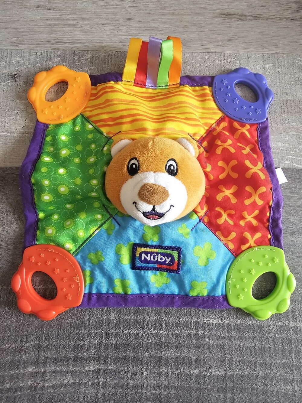 Nuby Plush Bear Teething Security Blanket Multi-Color Squeak Crinkle Teether Toy